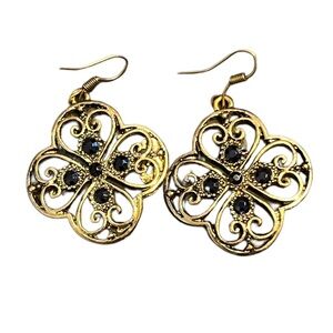 Vintage Brass Filigree hanging dangle earrings with black stones